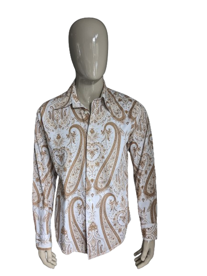 Camisa de la Academia Star. Beige Brown Paisley Print. Tamaño xl.