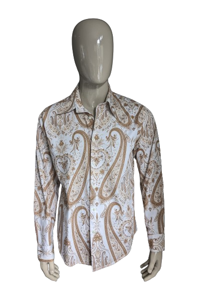 Camisa de la Academia Star. Beige Brown Paisley Print. Tamaño xl.