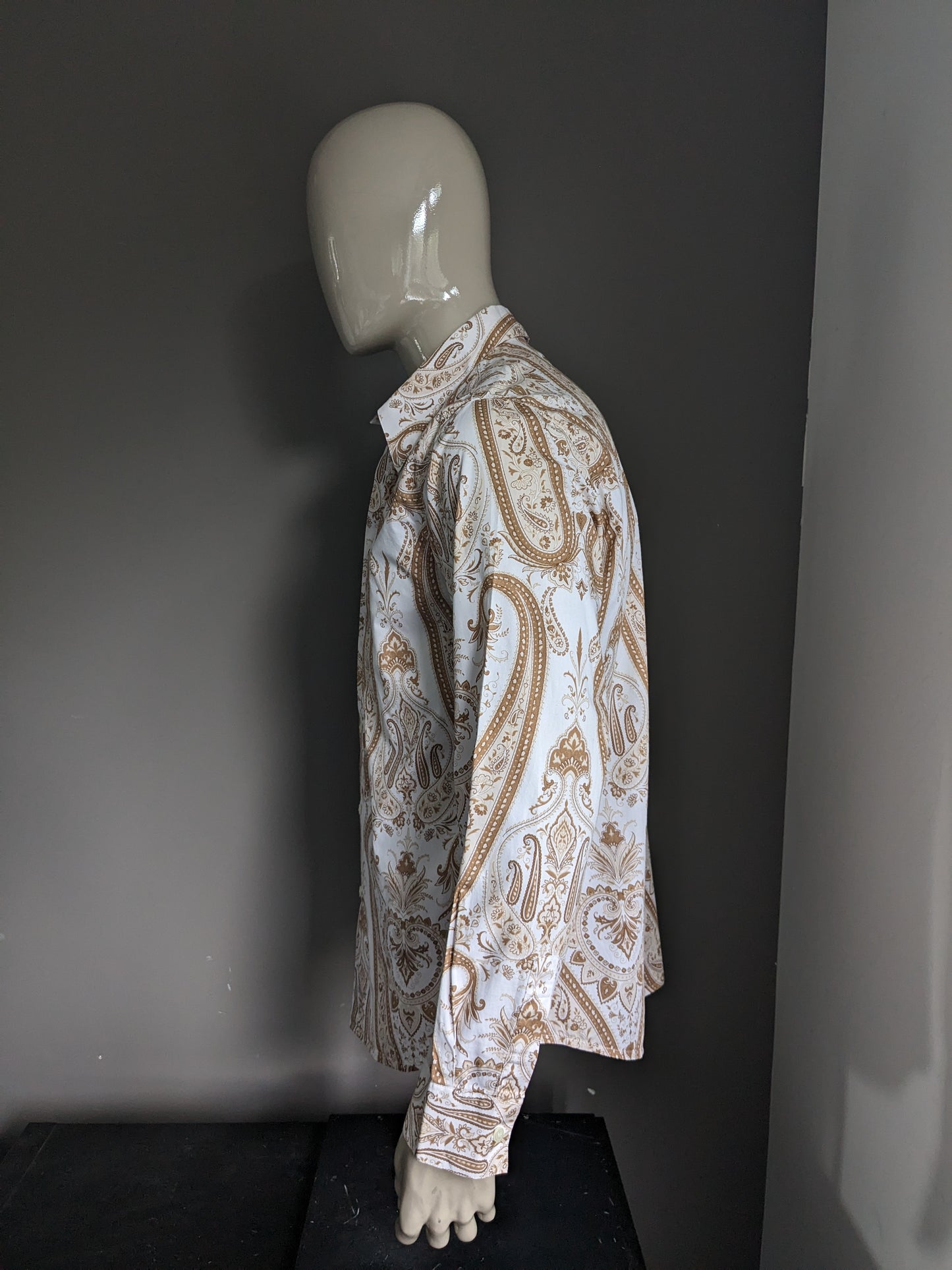 Chemise Star Academy. Impression de paisley brun beige. Taille xl.