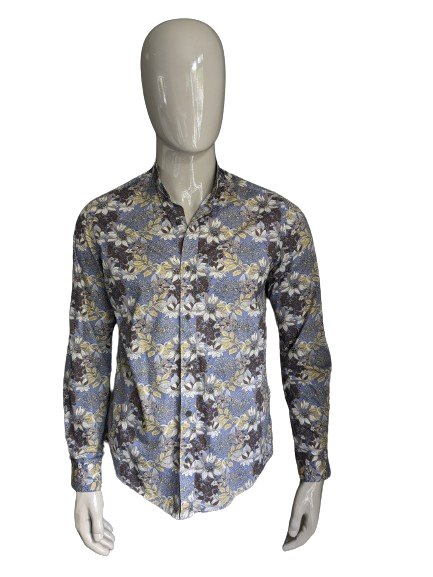 Exister chemise. Fleurs jaune marron bleu imprimer. Taille L.