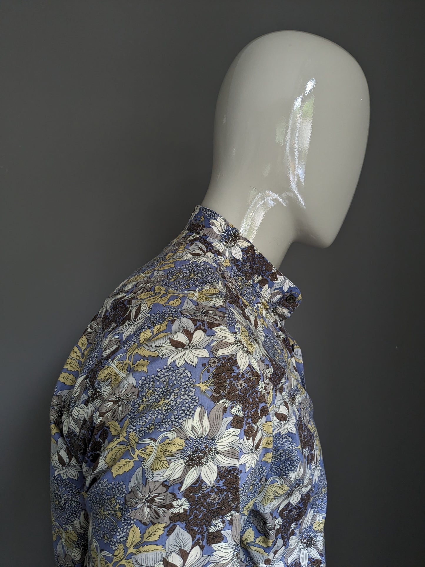 Exist overhemd. Blauw Bruin Gele bloemen print. Maat L.