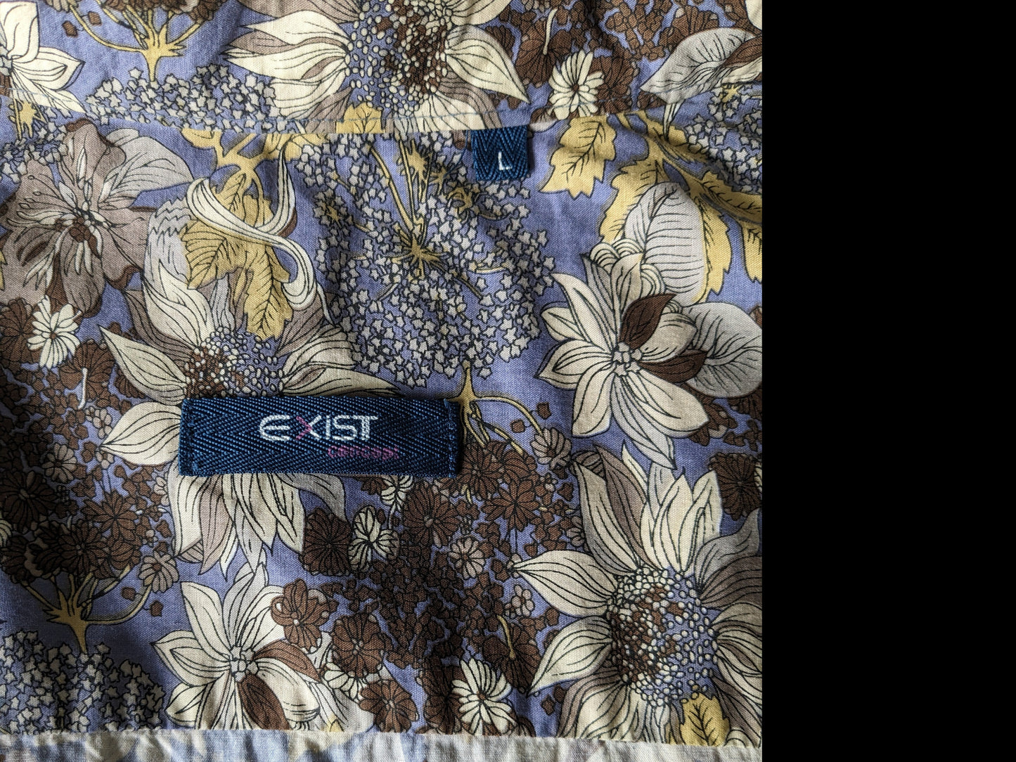 Exist shirt. Blue brown yellow flowers print. Size L.