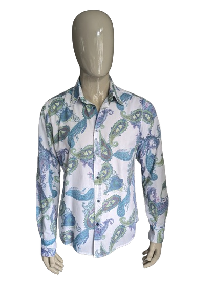 Kaiser Fredrick shirt. Blue Green Purple Paisley Print. Size XL.