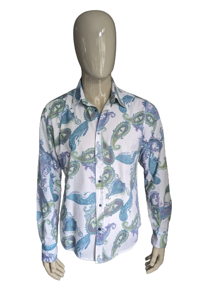 Kaiser Fredrick shirt. Blue Green Purple Paisley Print. Size XL.