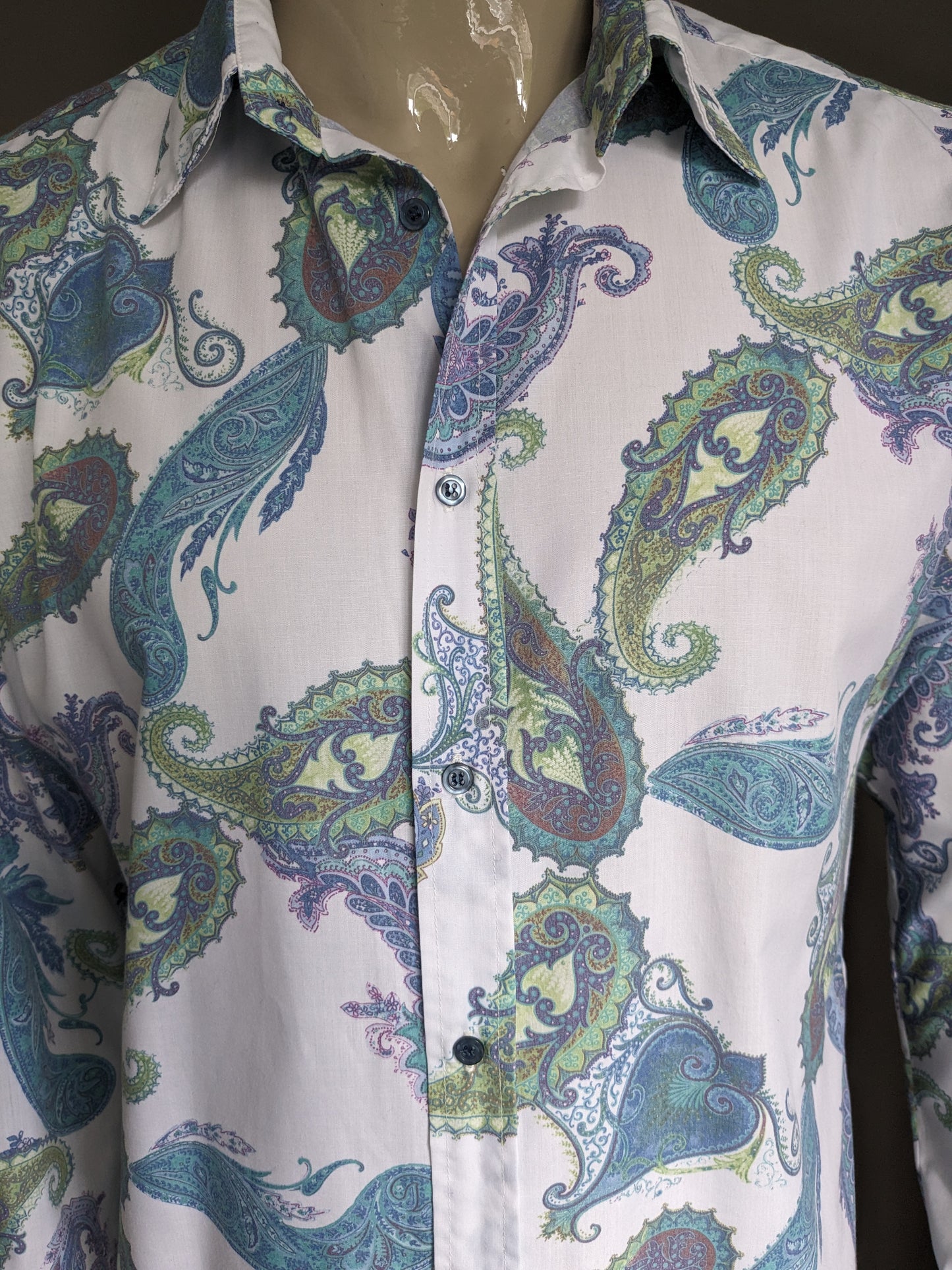 Kaiser Fredrick camisa. Blue verde morado PAISLEY estampado. Tamaño xl.