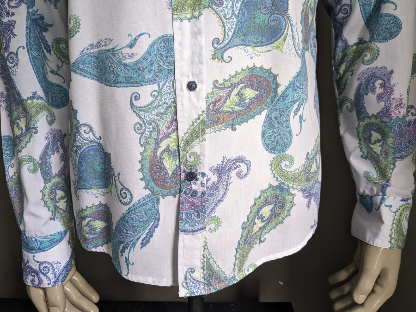 Kaiser Fredrick shirt. Blue Green Purple Paisley Print. Size XL.