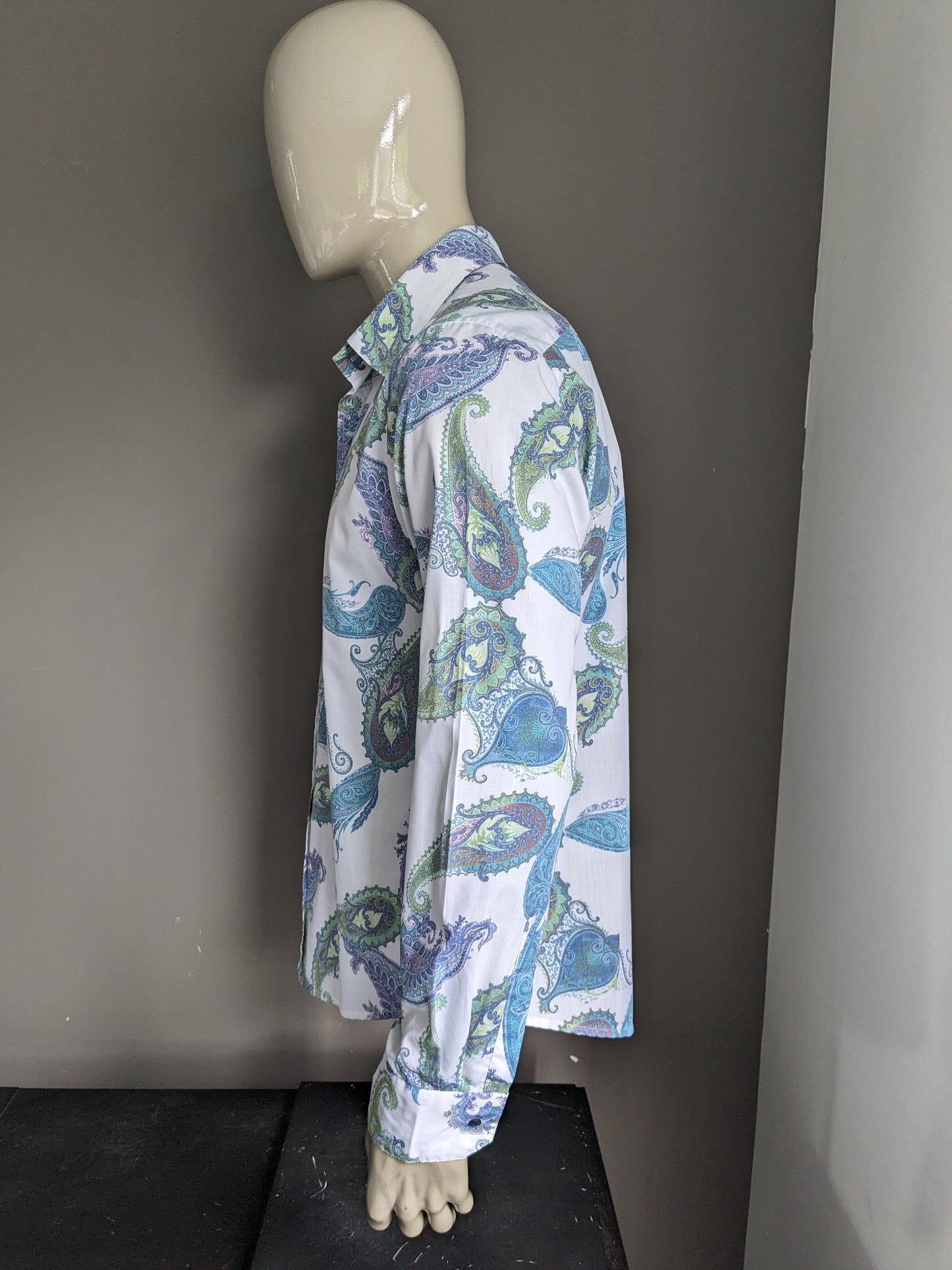 Kaiser Fredrick overhemd. Blauw Groen Paarse paisley print. Maat XL.