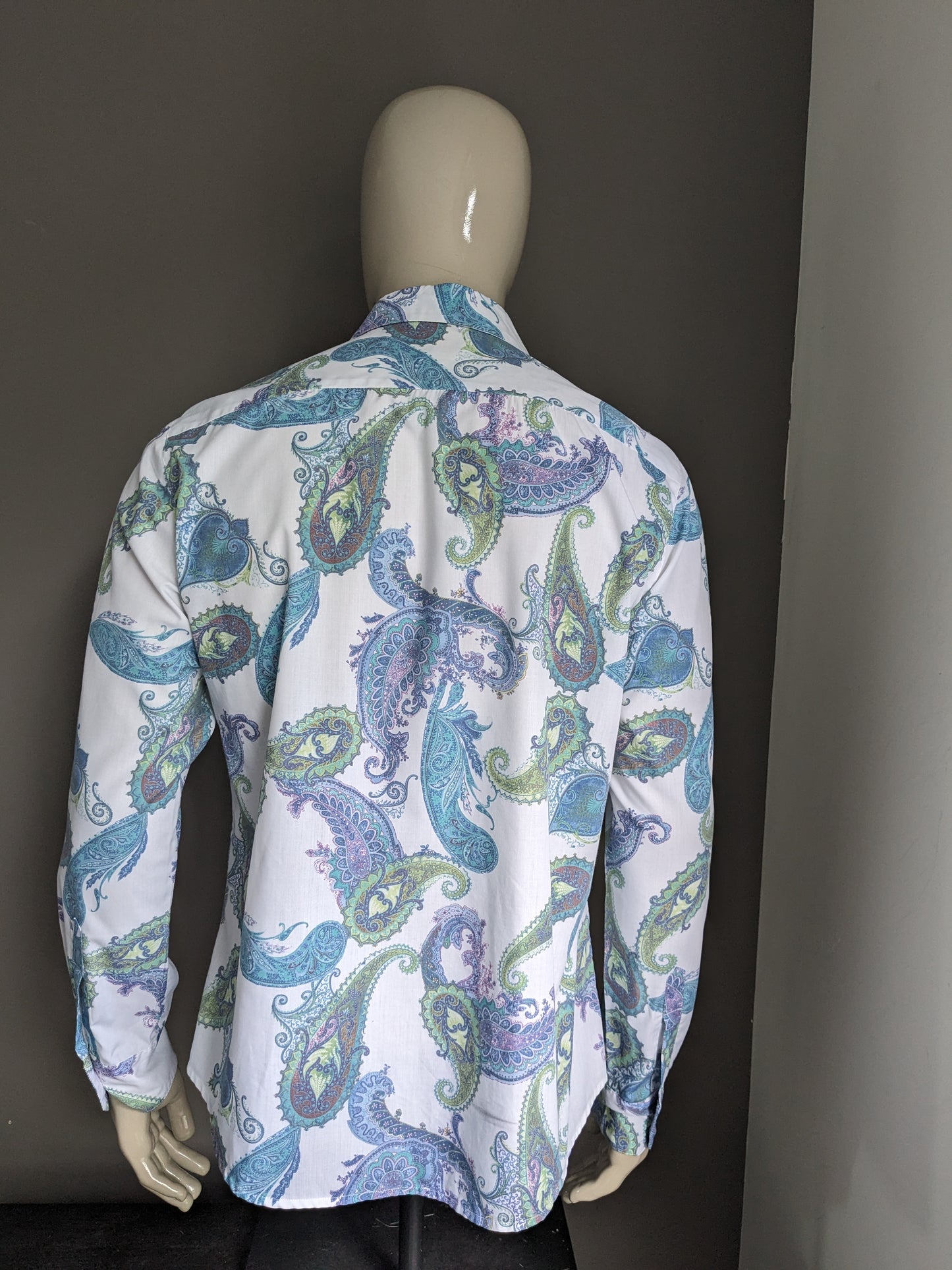 Kaiser Fredrick shirt. Blue Green Purple Paisley Print. Size XL.