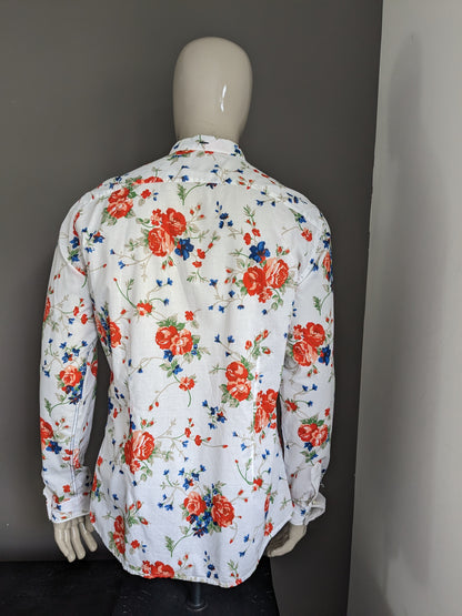 Chemise de Mason. Print de fleurs bleu vert rouge. Taille xl.