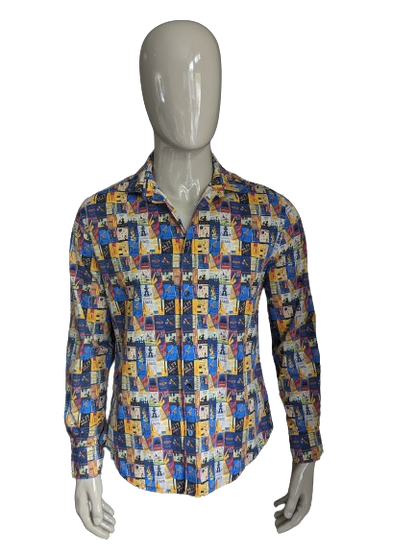 A Fish Named Fred shirt. Yellow blue red colored jazz print. Size M.