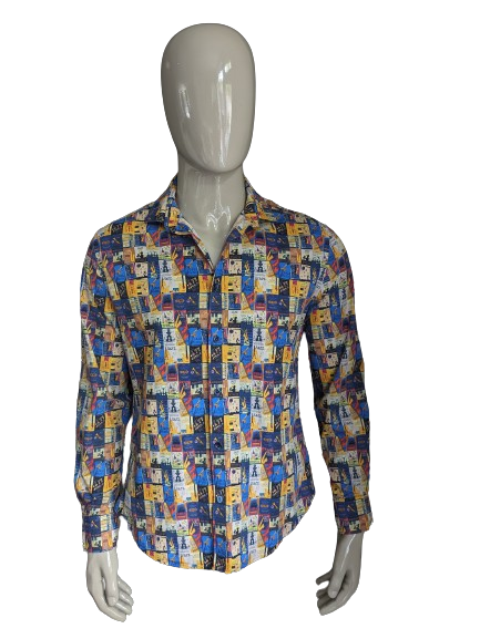 A Fish Named Fred shirt. Yellow blue red colored jazz print. Size M.