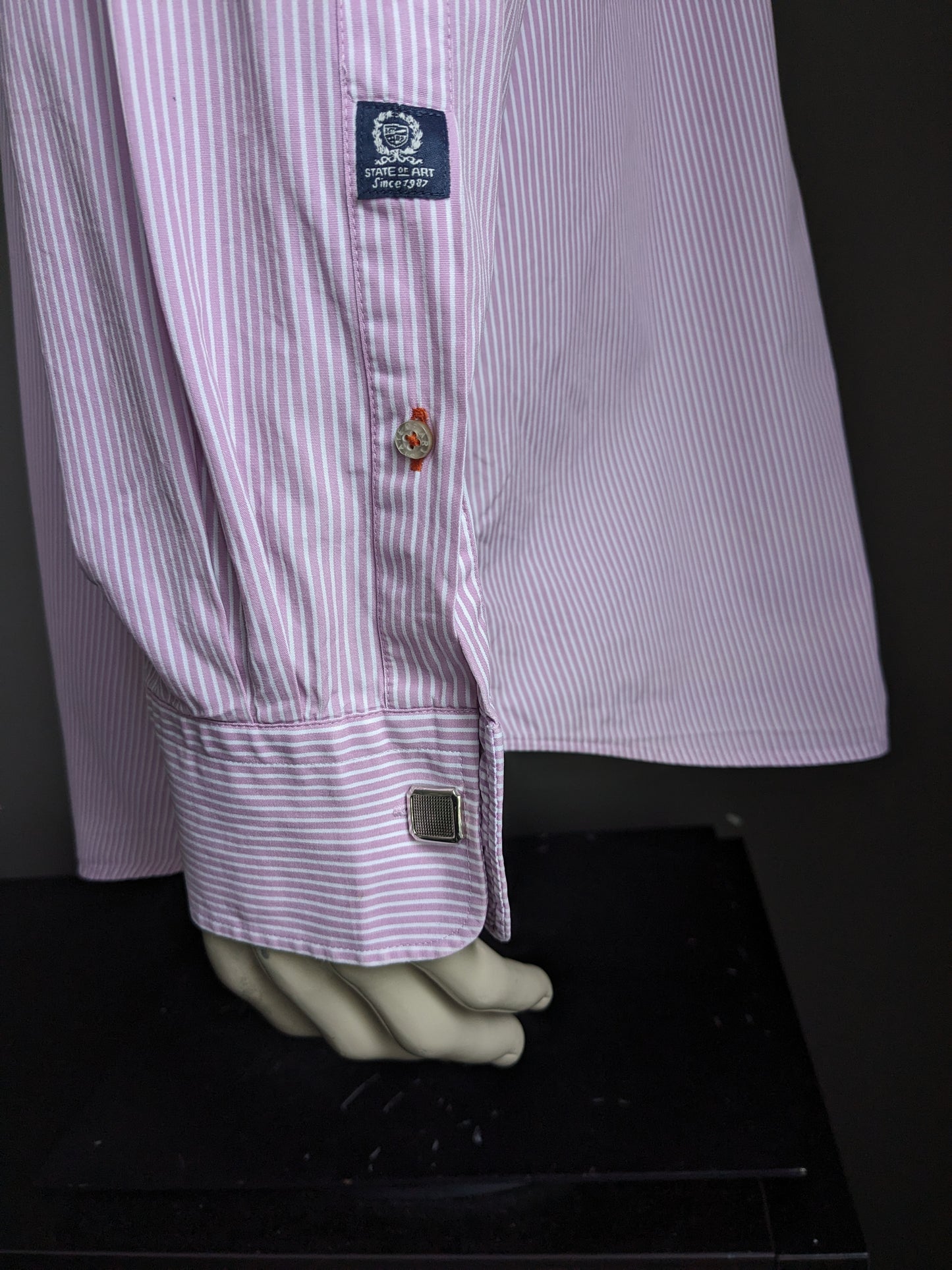 State of Art overhemd. Roze Wit gestreept. Maat 2XL / XXL. type Manchetknopen.