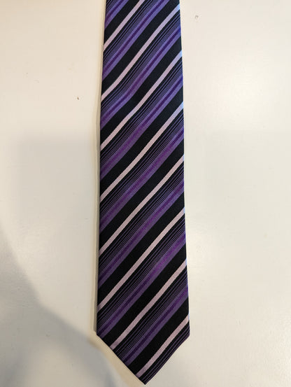 Michaelis silk tie. Purple black and white striped.