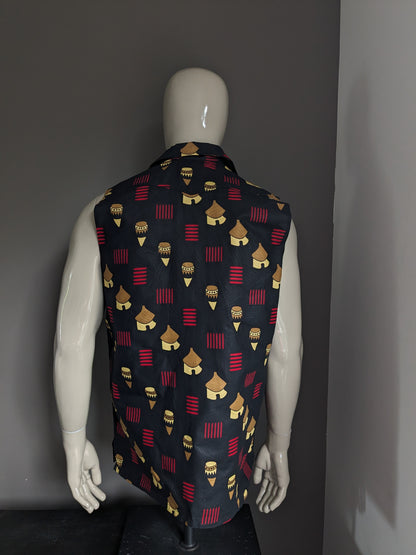 Sleeveless shirt. Black yellow red African print. Size L.