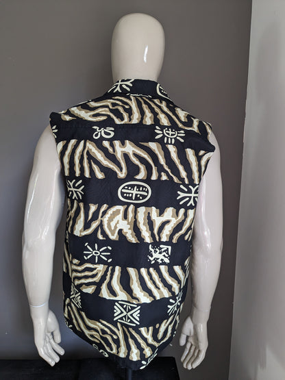 T-shirt sans manches. Impression africaine beige jaune noir.  Taille M / L.