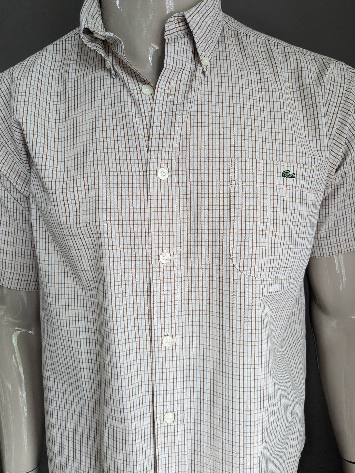 Camisa lacoste vintage manga corta. Azul marrón revisado. Tamaño 42 / L.