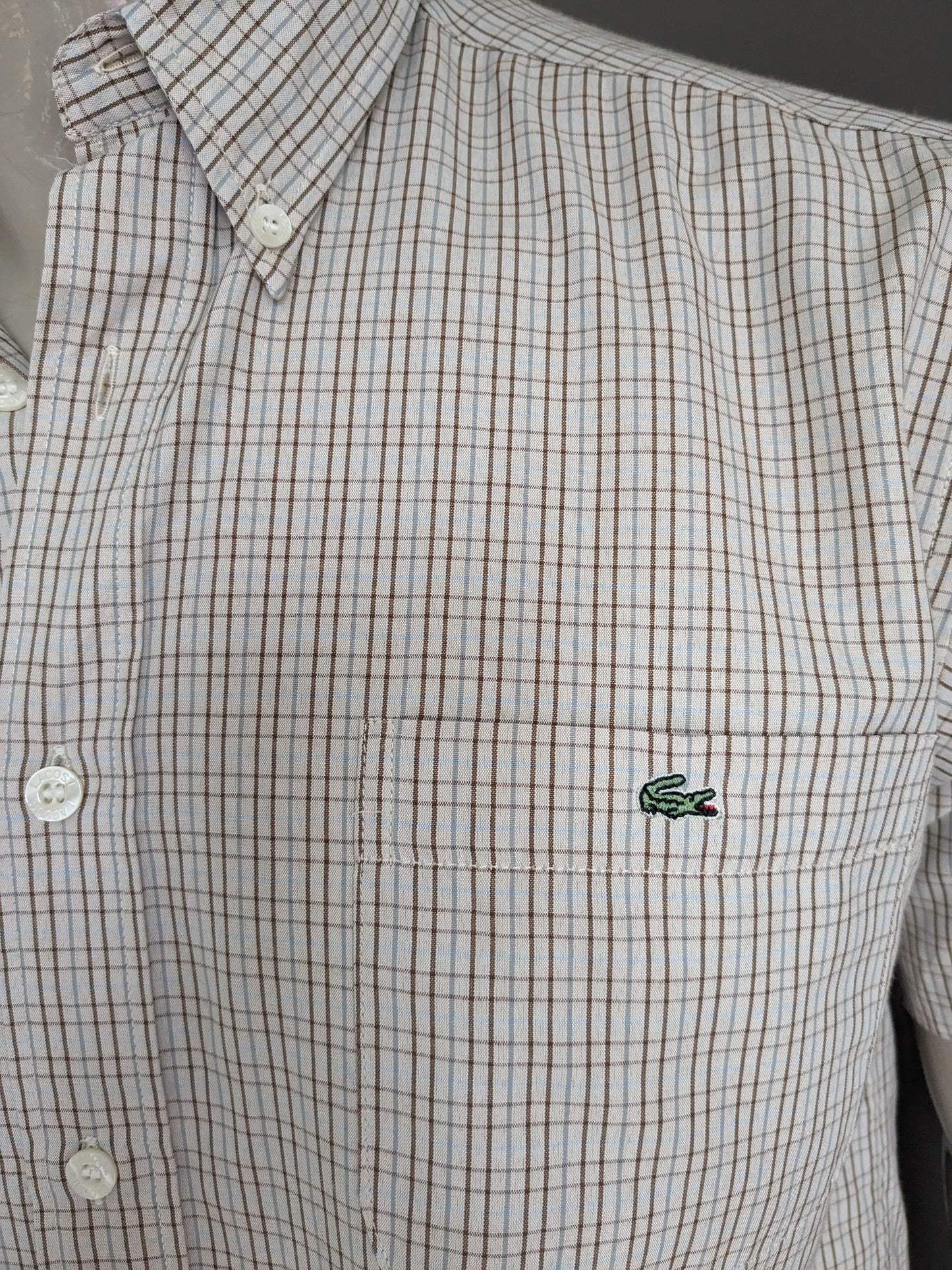 Camisa lacoste vintage manga corta. Azul marrón revisado. Tamaño 42 / L.