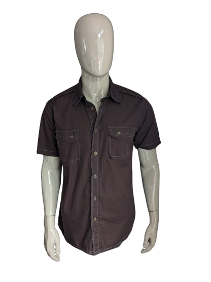 SHIRT SHIRT STRAMFIELD. Brown con cuciture blu e bordi sfilacciati. Taglia XL.