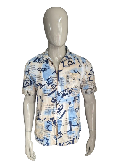 Shirt vintage a manica corta e cerniera. Stampa blu beige con applicazioni a rete. Taglia L.