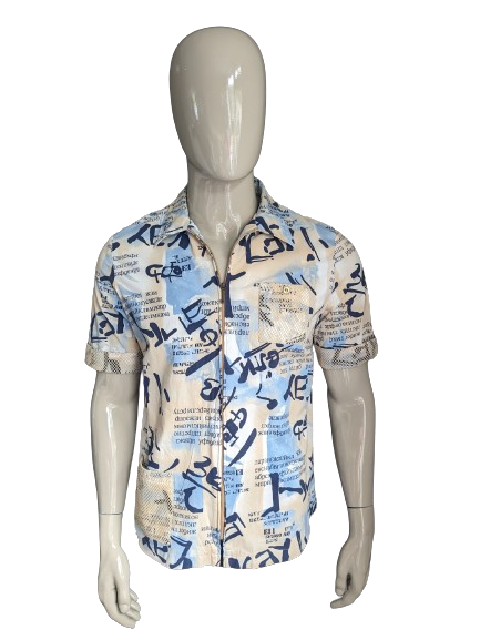 Shirt vintage a manica corta e cerniera. Stampa blu beige con applicazioni a rete. Taglia L.