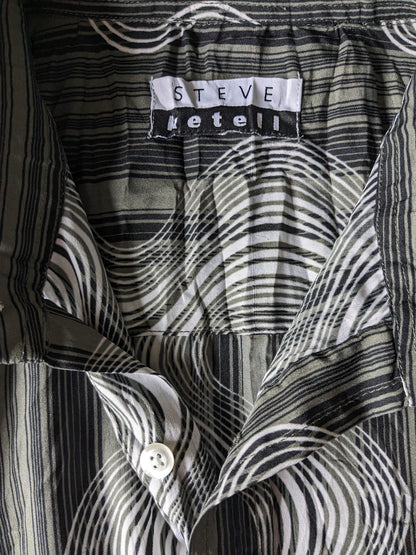 Vintage Steve Kettel overhemd korte mouw. Grijs Zwart Witte print met wrinkle effect. Maat XL.