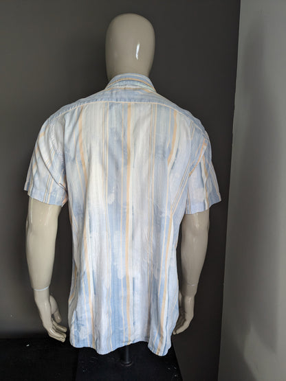 Casa Blanca shirt short sleeve. Light blue white, light orange motif. Size XL.