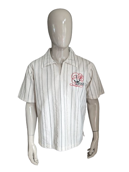 Vintage Zoff Polo Shirt Short Sleeve. Beige gray striped with print. Size XL.