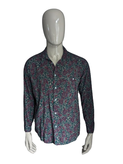 Camicia pop in Inghilterra. Stampa paisley grigio blu verde viola. Taglia L.