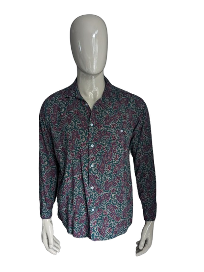 Pop Inglaterra camisa. Purple verde azul gris estampado Paisley. Talla L.