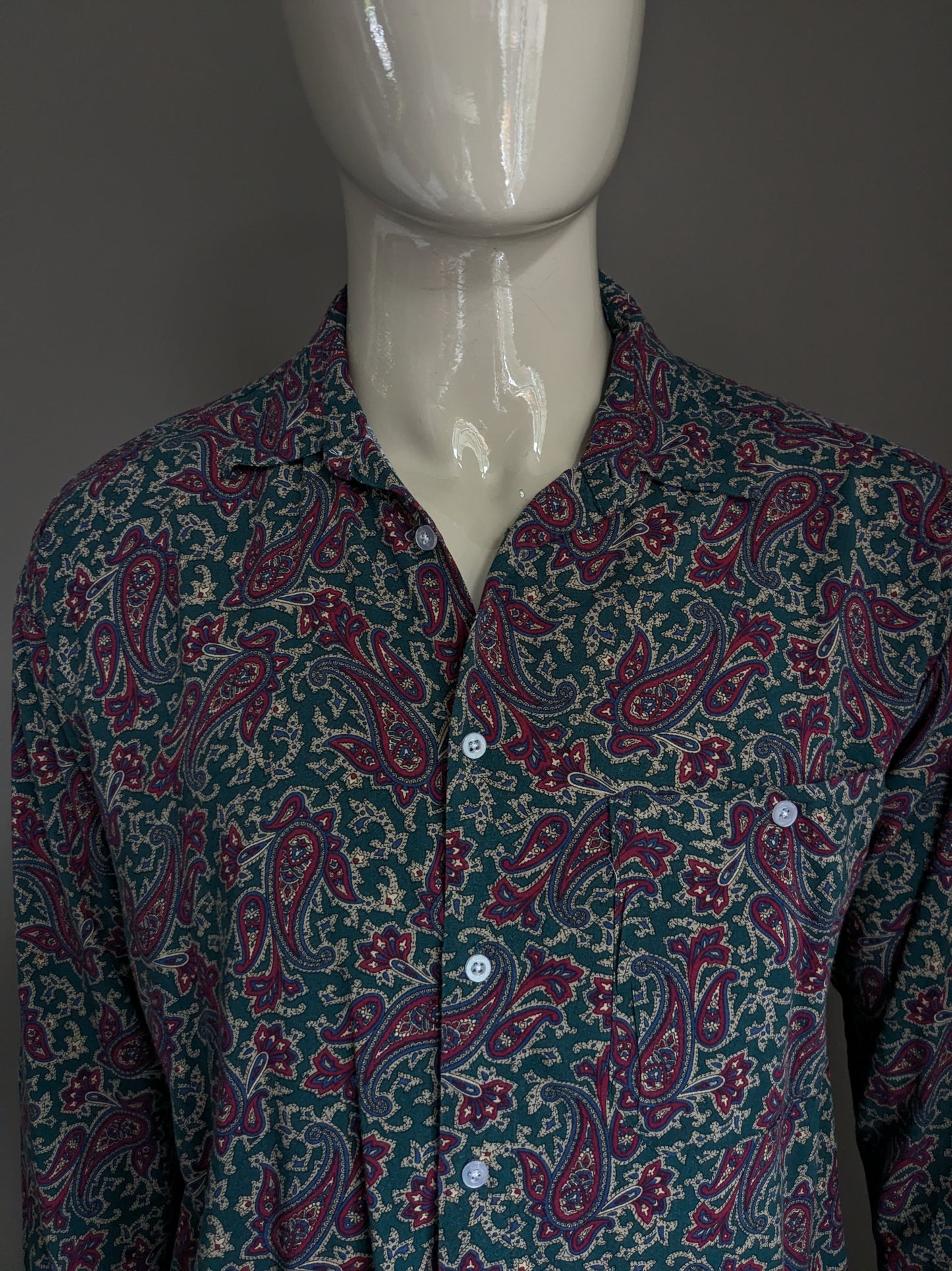 Chemise Pop England. Impression de paisley bleu vert violet. Taille L.