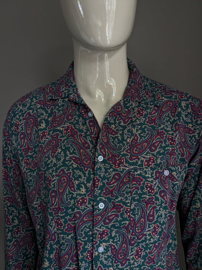 Pop England shirt. Purple green blue gray paisley print. Size L.