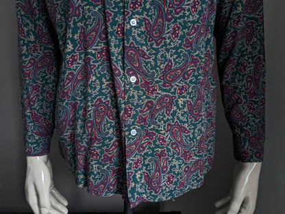 Camicia pop in Inghilterra. Stampa paisley grigio blu verde viola. Taglia L.