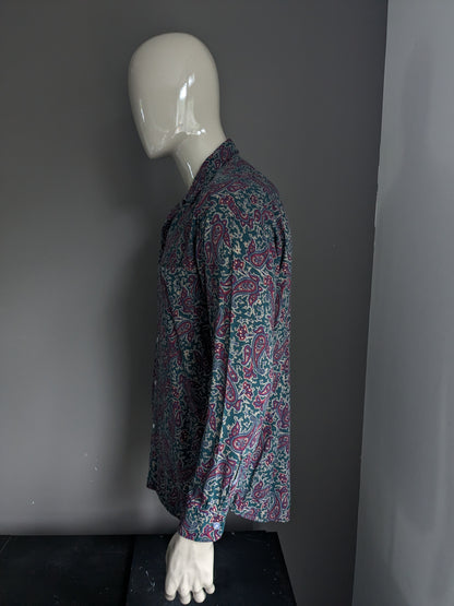 Chemise Pop England. Impression de paisley bleu vert violet. Taille L.