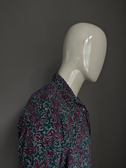 Chemise Pop England. Impression de paisley bleu vert violet. Taille L.