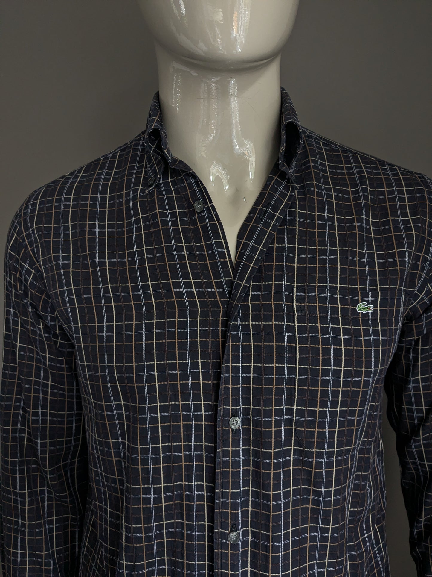 Lacoste shirt. Brown beige lilac checked. Size 38 / S.