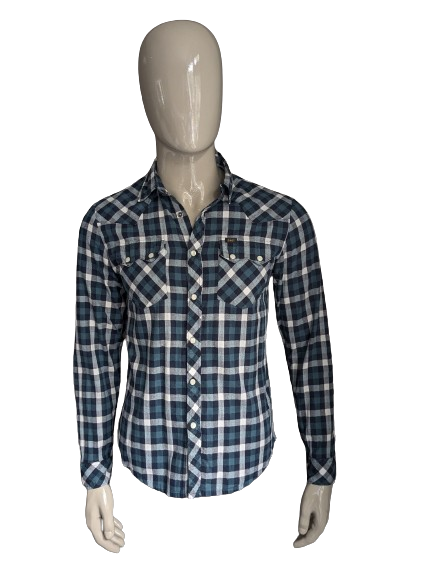 Lee flannel shirt with press studs. Blue green white blocked. Size M. Slim Fit.
