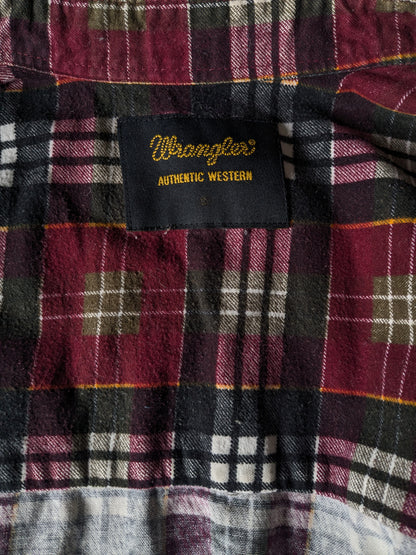 Vintage Wrangler Western flannel shirt. Red green black and white checkered. Size L.