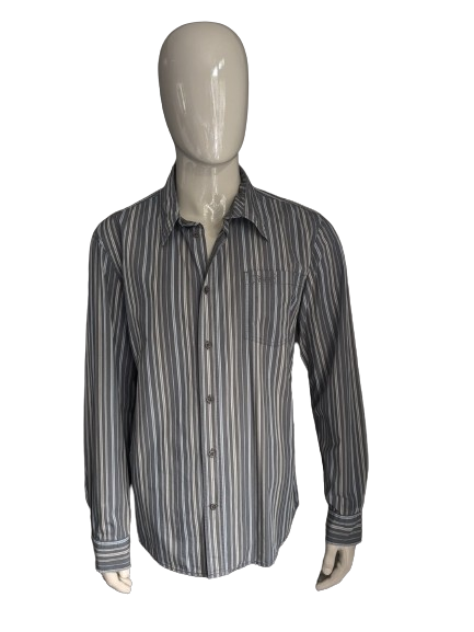 Mustang shirt. Gray blue beige striped. Size XL.