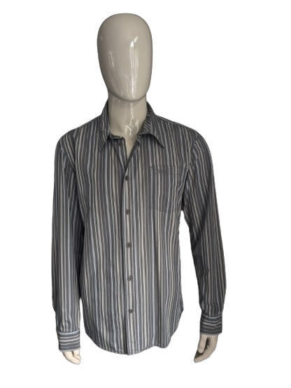 Mustang shirt. Gray blue beige striped. Size XL.