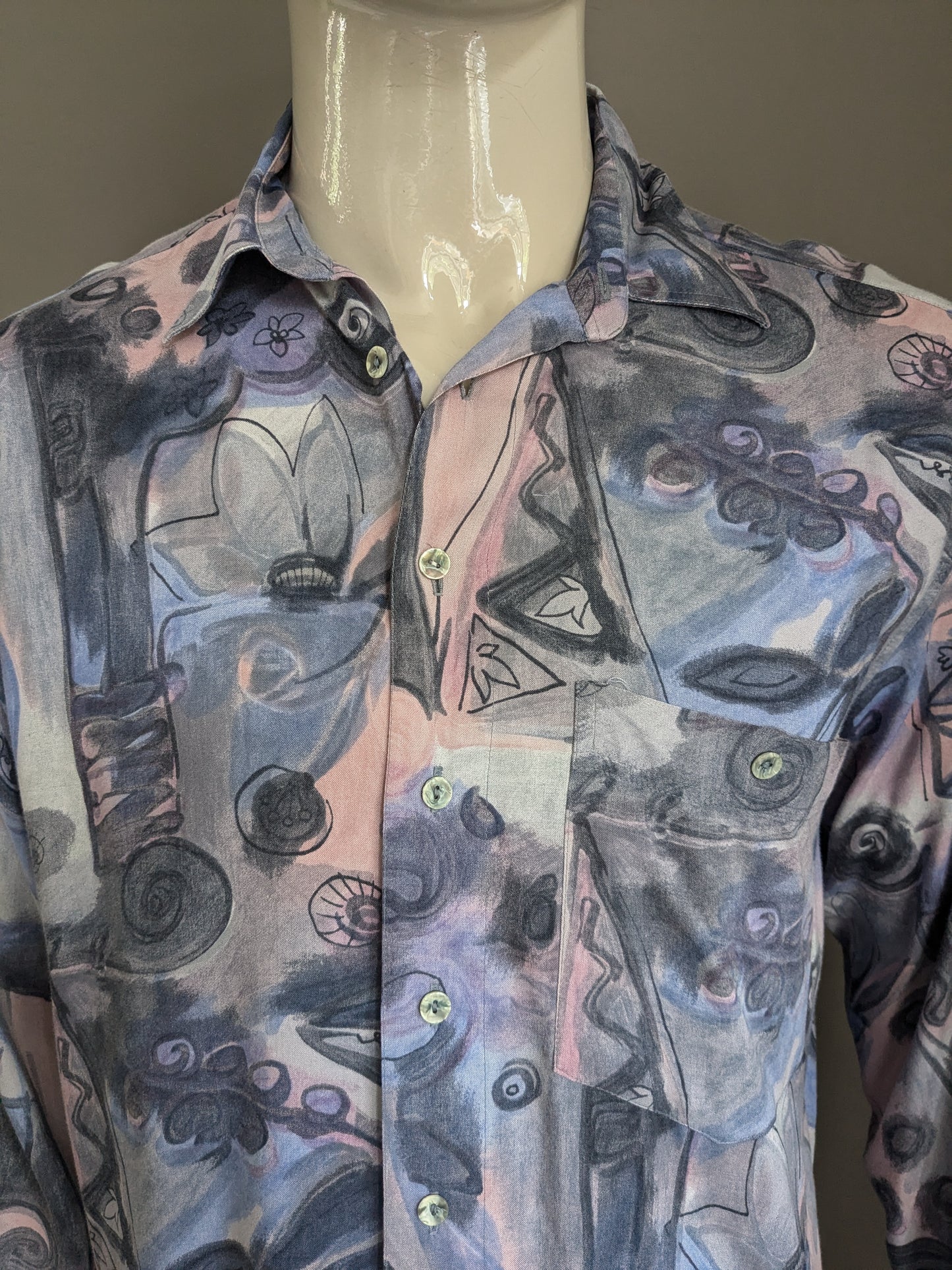 Camicia stampata di Vintage King's Road anni '80 / '90. Stampa rosa grigio viola. Viscosa. Taglia L.