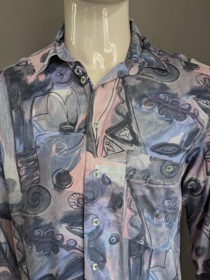 Vintage King's Road 80 / 90's Print Shirt. Impression rose gris violet. Viscose. Taille L.