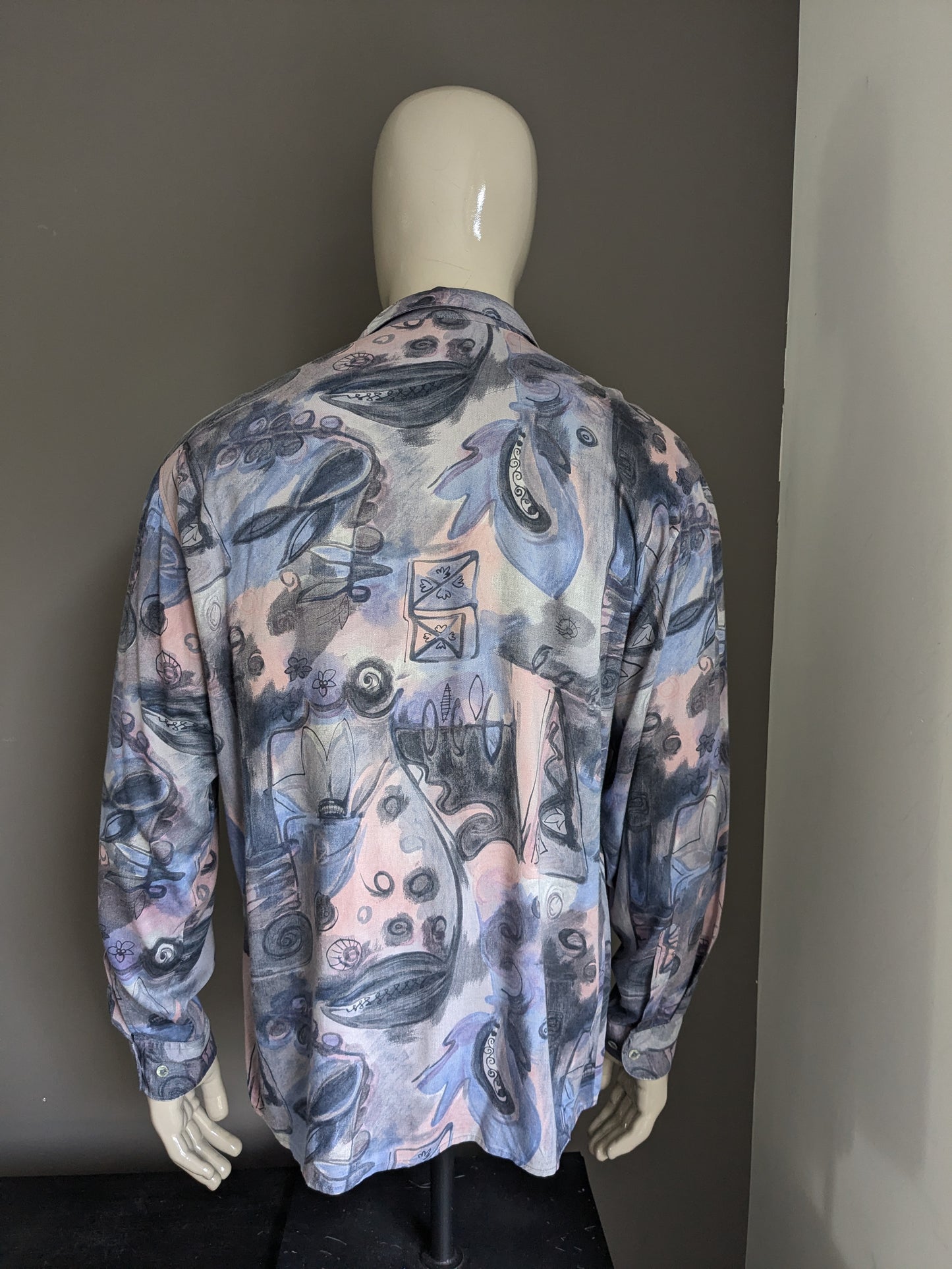 Vintage King's Road 80's / 90's print overhemd. Paars grijs roze print. Viscose. Maat L.