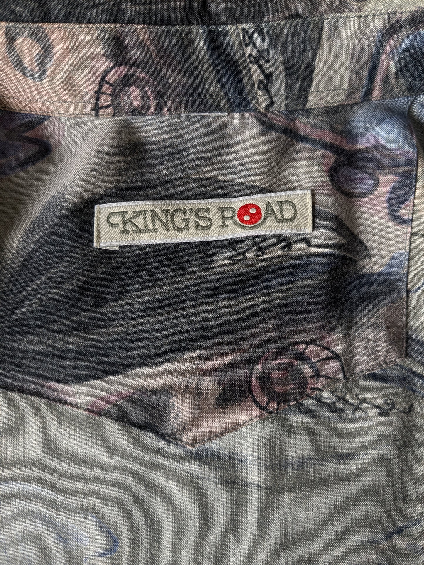 Vintage King's Road 80 / 90's Print Shirt. Impression rose gris violet. Viscose. Taille L.