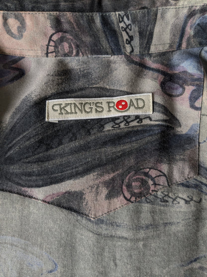 Vintage King's Road 80's / 90's print overhemd. Paars grijs roze print. Viscose. Maat L.