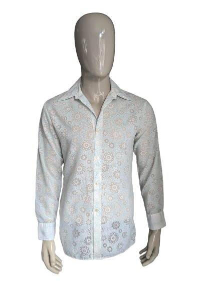 Belle chemise Zornica des années 70 avec collier. Motif de fleur vert blanc léger. Taille M.