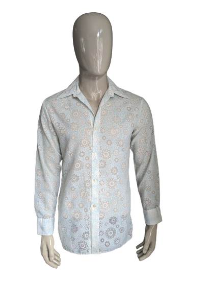 Belle chemise Zornica des années 70 avec collier. Motif de fleur vert blanc léger. Taille M.