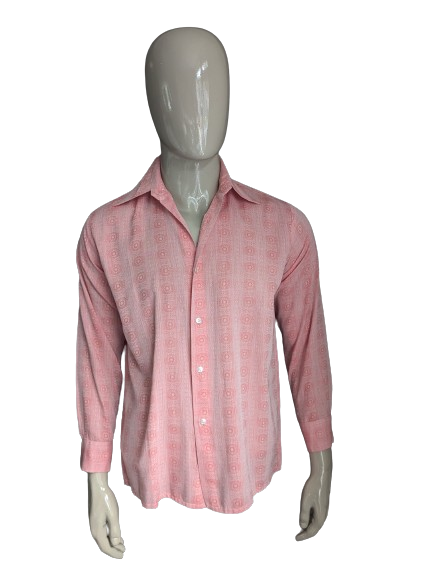 Vintage 70's Ottieni una camicia intelligente con colletto punti. Motivo beige rosa. Taglia L.