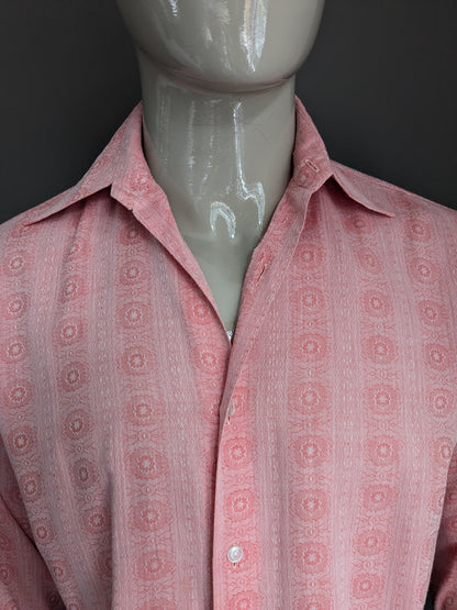 Vintage 70's Get Smart overhemd met puntkraag. Roze beige motief. Maat L.