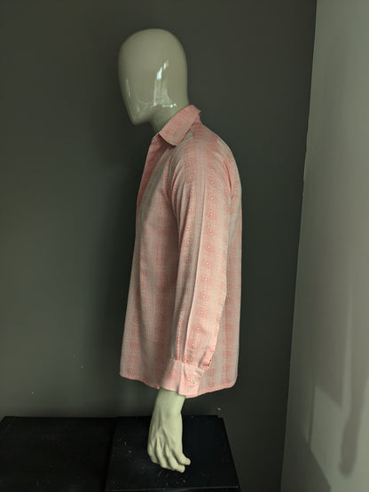 Vintage 70's Get Smart overhemd met puntkraag. Roze beige motief. Maat L.