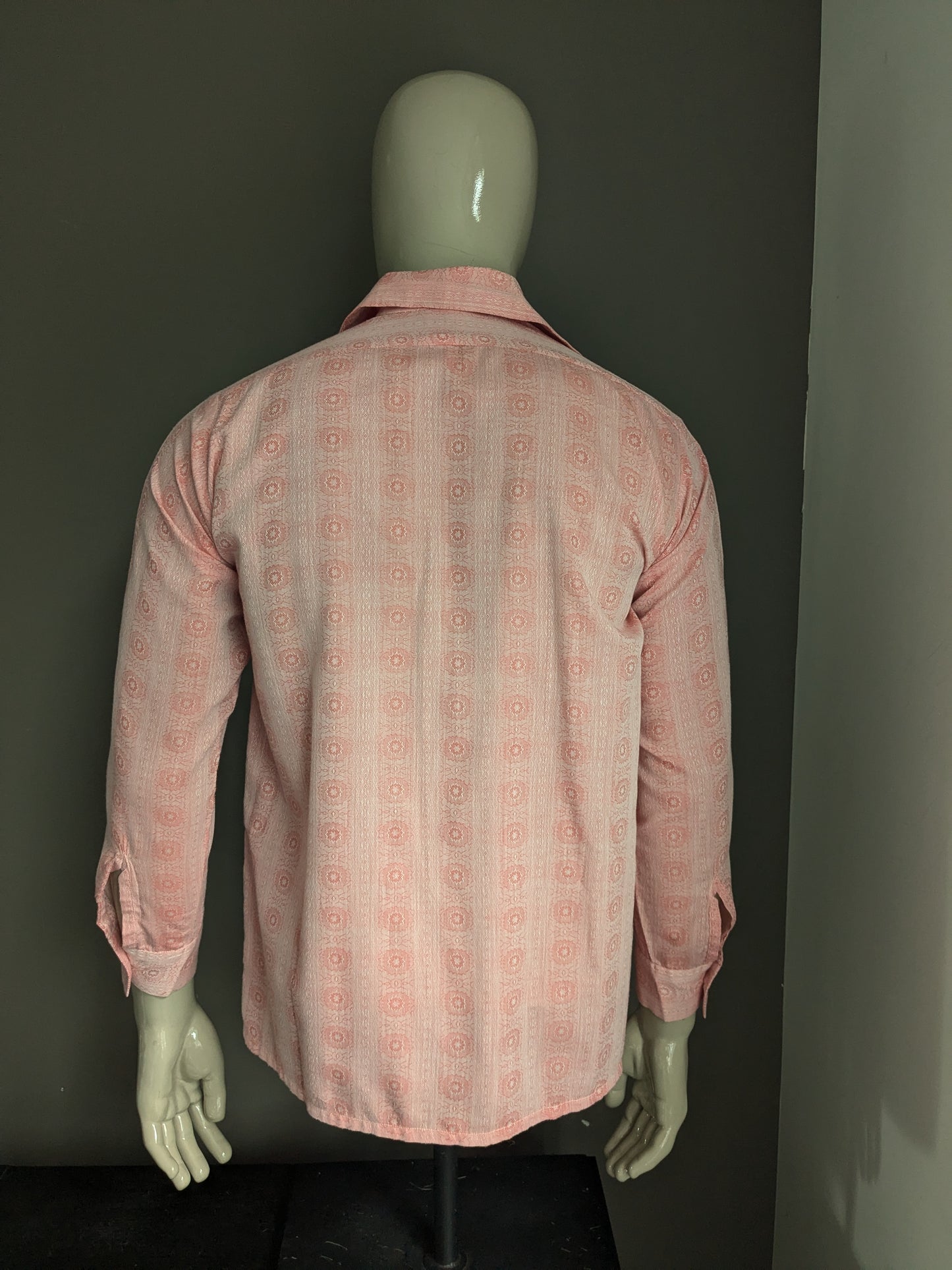 Vintage 70's Get Smart overhemd met puntkraag. Roze beige motief. Maat L.